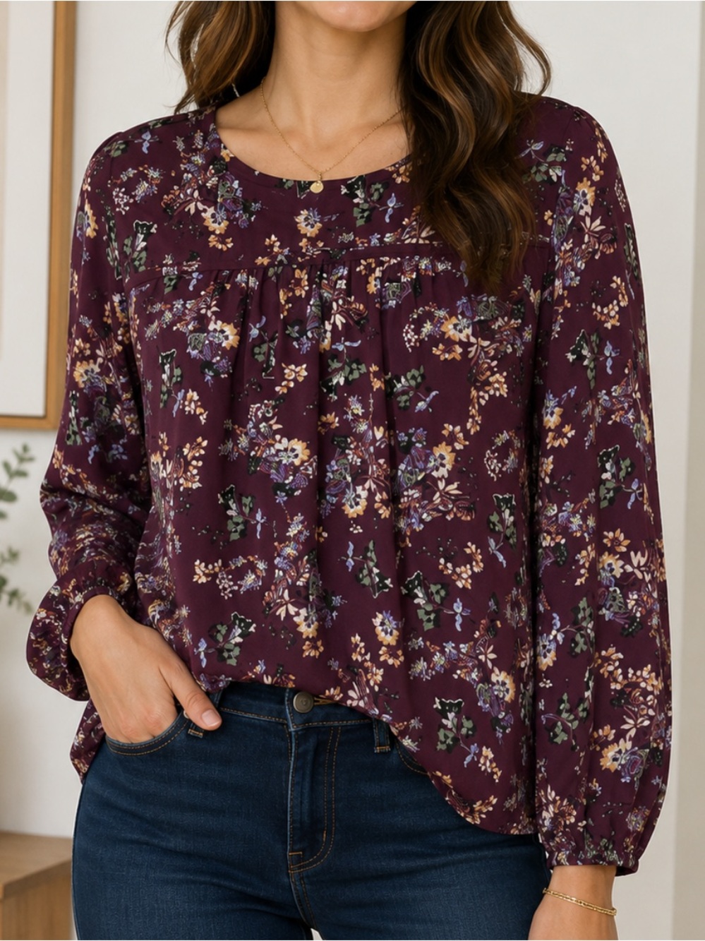 LOFT Plum Floral Long Sleeve Blouse